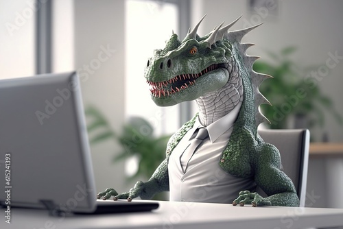 a dragon in a business suit works on a laptop  draws cartoons  illustrates  zootechnics  generates AI