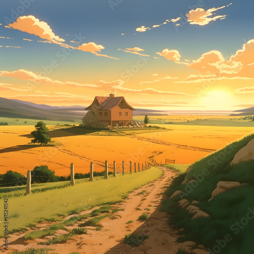 sunset in a cute village. Generative AI