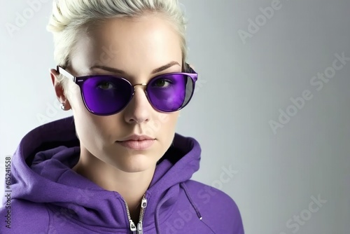 fashionable young woman in purple clothes and glasses on white background, cool blonde girl in purple jacket, purple sunglasses, generative artificial intelligence