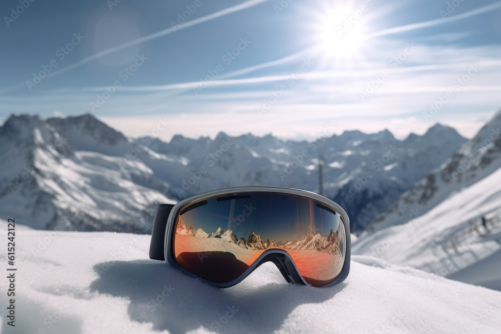 ski goggles lie on the snow in the mountains. Generated by AI.