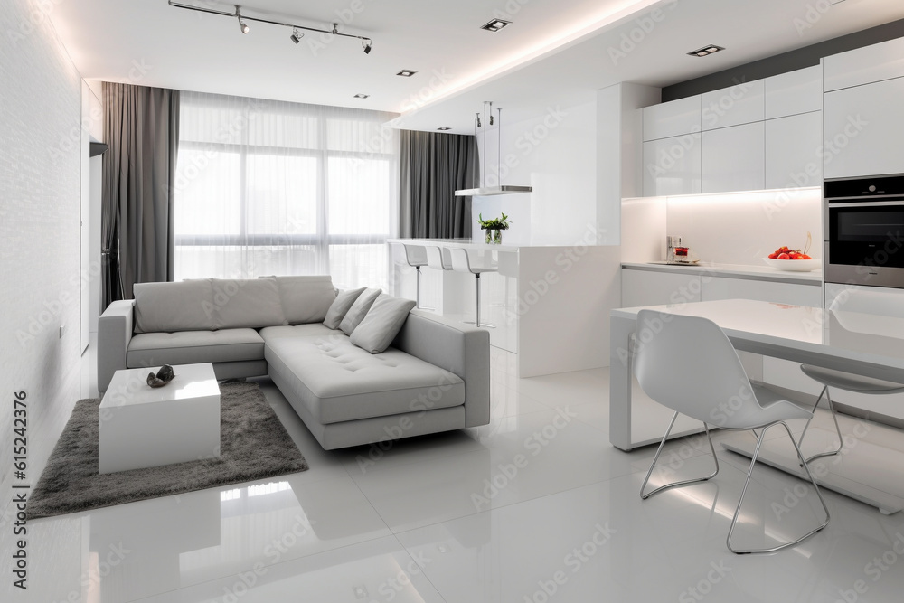 Cozy luxury modern interior design of a studio apartment in extra white colors with fashionable expensive furniture in a minimalist style. white tiled floor, kitchen, relaxation area and workplace Cozy luxury modern interior design of a studio apartment in extra white colors with fashionable expensive furniture in a minimalist style. white tiled floor, kitchen, relaxation area and workplace