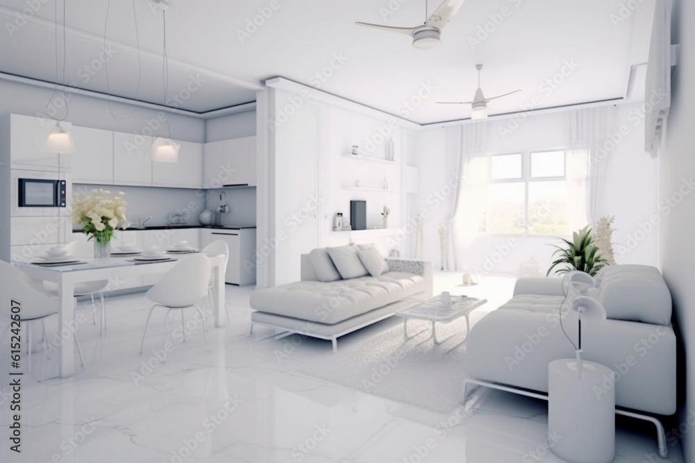 Cozy luxury modern interior design of a studio apartment in extra white colors with fashionable expensive furniture in a minimalist style. white tiled floor, kitchen, relaxation area and workplace Cozy luxury modern interior design of a studio apartment in extra white colors with fashionable expensive furniture in a minimalist style. white tiled floor, kitchen, relaxation area and workplace