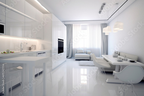 Cozy luxury modern interior design of a studio apartment in extra white colors with fashionable expensive furniture in a minimalist style. white tiled floor, kitchen, relaxation area and workplace