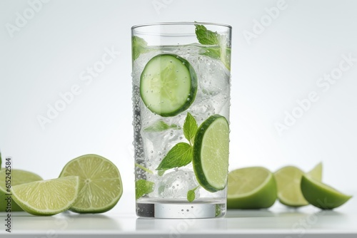 refreshing drink with cucumber and lime slices in a glass