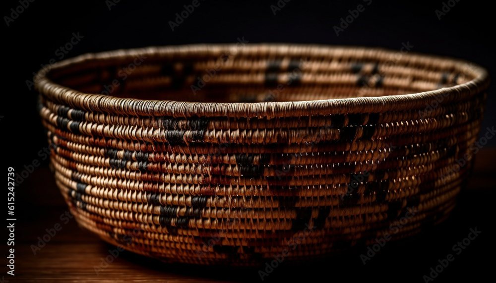 Rustic bamboo bowl with ornate handle, woven fiber decoration generated by AI Rustic bamboo bowl with ornate handle, woven fiber decoration generated by AI