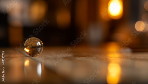 Shiny sphere reflects abstract nature in defocused background, illuminated indoors generated by AI
