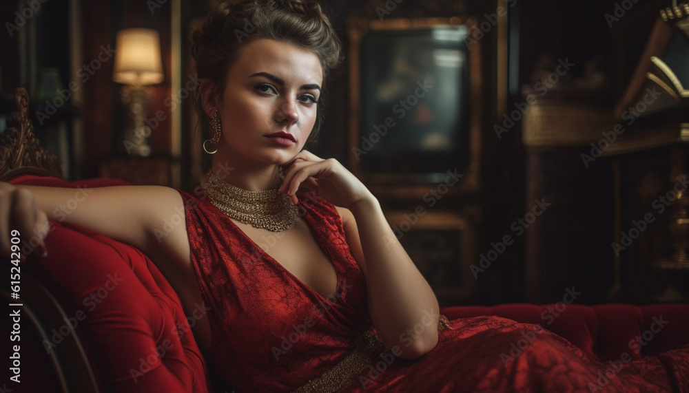 One elegant young woman, sitting on luxurious sofa, contemplating life generated by AI One elegant young woman, sitting on luxurious sofa, contemplating life generated by AI