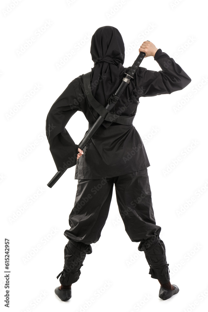 Female ninja with sword on white background, back view Female ninja with sword on white background, back view