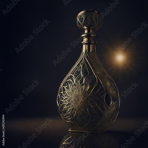 A luxurious bottle of perfume, with a golden cap and intricate designs