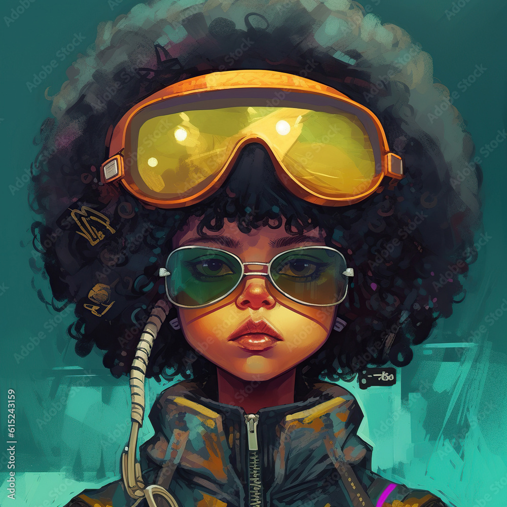 Portrait of an attractive african teenager girl in sunglasses. Fictional cartoon character, drawing in futuristic cyberpunk. art.