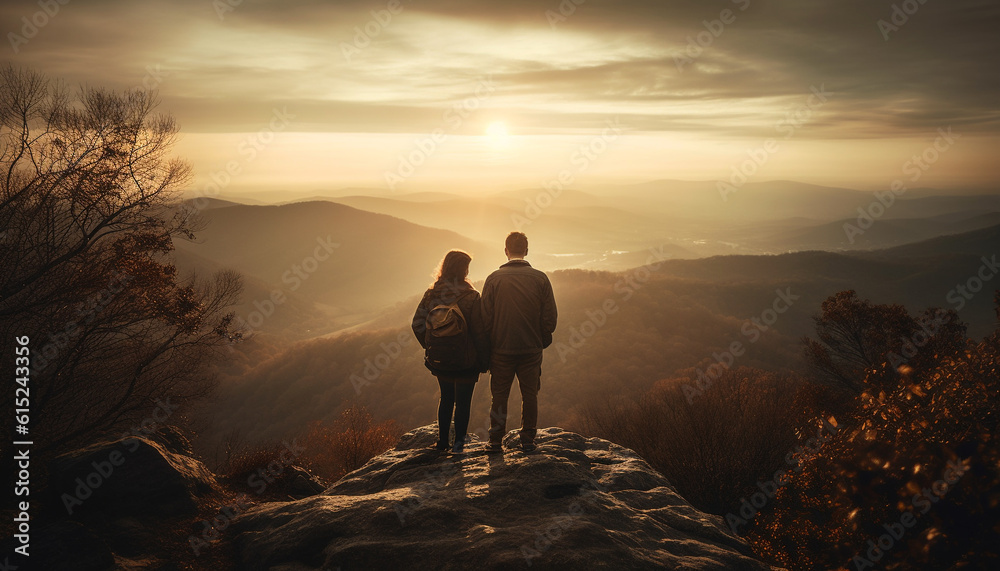 Two men and women hiking mountain peak, enjoying nature beauty generated by AI