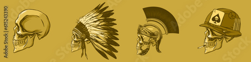 Monochrome set of skulls with headdresses of soldiers in hand draw style. Vector illustration.