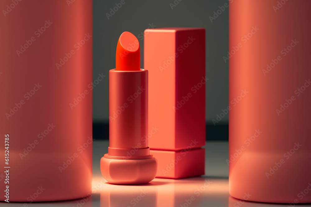 Red lipstick in a fancy red package in a minimalist room. Beauty shot. Generative Ai