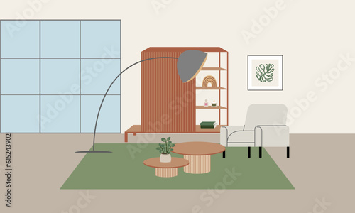 Living room with comfortable armchair, cabinet, lamp and other decor. Interior design furniture vector flat illustration in japandi or scandinavian minimal style