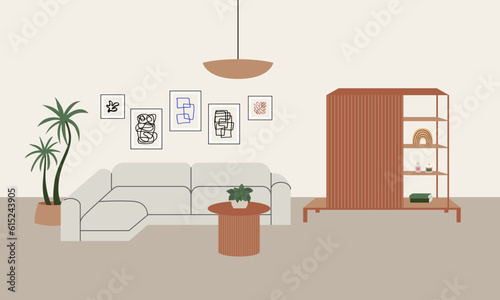 Living room with comfortable sofa, cabinet, plants and other decor. Interior design modern furniture vector flat illustration in japandi or scandinavian minimal style. 