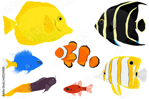 A set of different salt water tropical fish, in a cut paper style with textures. Yellow tang, French Angelfish, Yellowtail blue damsel, Clownfish, Copperband butterfly, Bicolor blenny, Flame cardinal
 photo