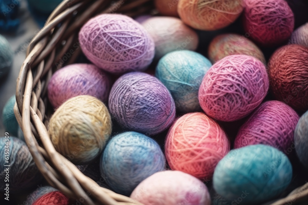 basket filled with various colored balls of yarn basket filled with various colored balls of yarn