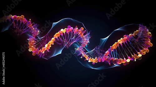 Abstract illustration depicting a DNA strand, showcasing the intricate beauty of the genetic molecule with a touch of artistic abstraction. Generative Ai