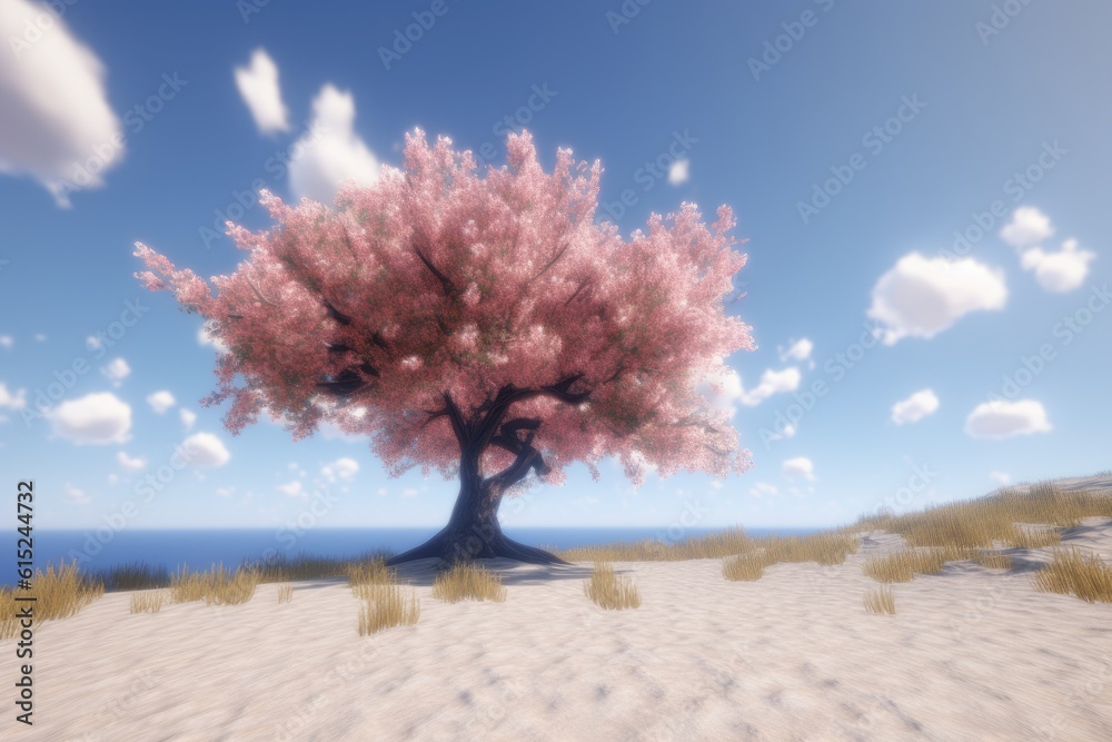 Pink Blossom Tree Standing Alone in the Desert Landscap Pink Blossom Tree Standing Alone in the Desert Landscap