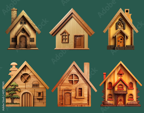 set of icons, wooden house logo made of wood