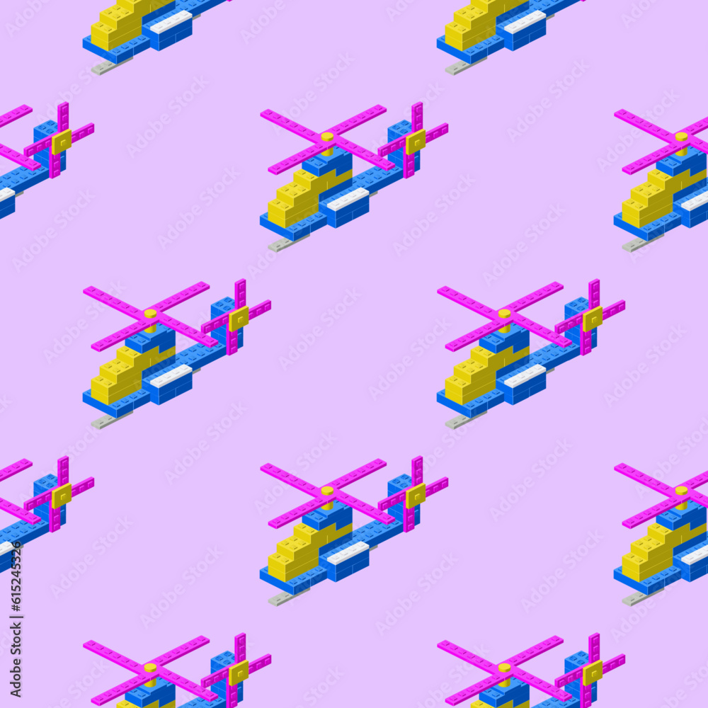 Pattern of toy helicopters assembled from plastic blocks in isometric style for print and design. Vector illustration. Pattern of toy helicopters assembled from plastic blocks in isometric style for print and design. Vector illustration.