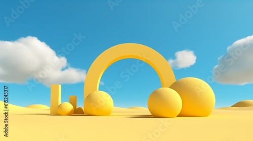 3d surreal desert landscape with arches and clouds