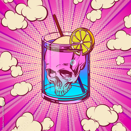 Concept with a glass of deadly cocktail in pop art style for print and design. Vector illustration.