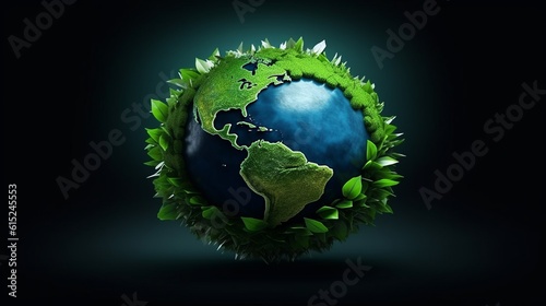 Green world on dark background  Earth day. Environment protection concept