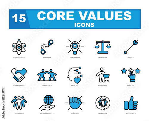 The Core Values vector icon set visually represents essential principles and beliefs, serving as a reminder of what an individual or organization stands for.