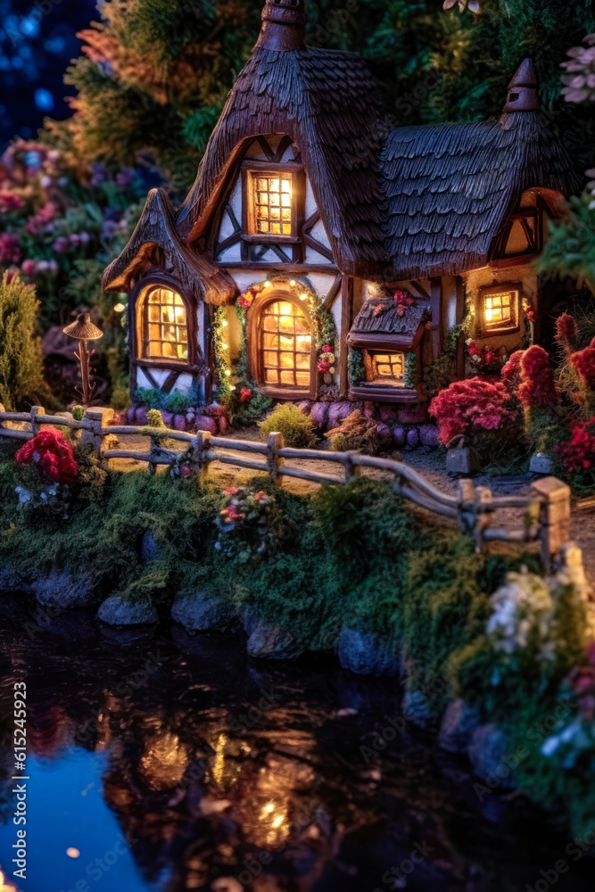 Miniature fairy house, night, resin decor, miniature model making, vertical. Generative AI