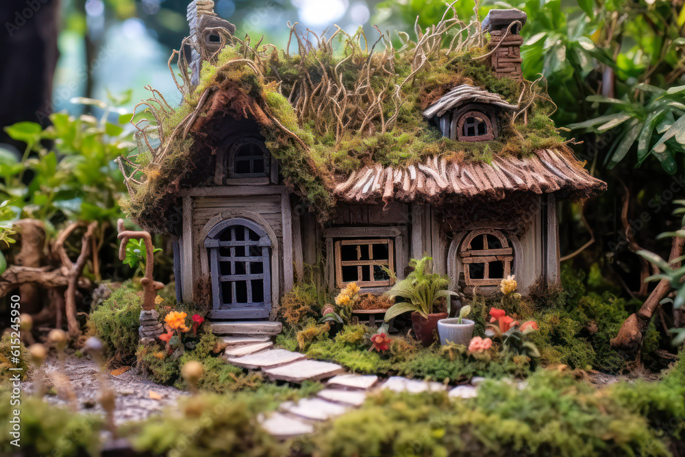 Miniature fairy house, resin decor, wood and moss, natural materials, miniature model making. Generative AI Miniature fairy house, resin decor, wood and moss, natural materials, miniature model making. Generative AI