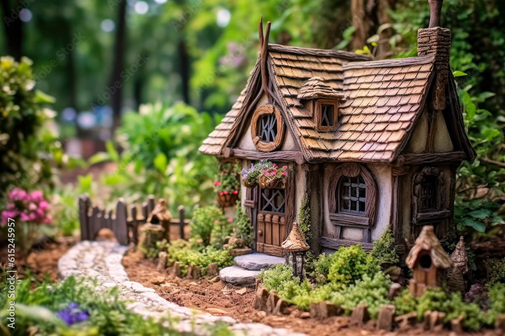 Miniature fairy house, resin decor, wood, natural materials, miniature model making. Generative AI