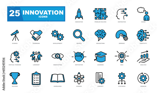 A set of vector graphics on the theme of innovation, showcasing various elements such as lightbulbs, gears, circuit boards, and futuristic technology. Perfect for a website or infographic