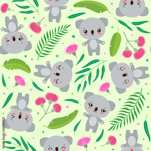 Cute koala seamless pattern. Kawaii koala repeat design. Baby cartoon safari animal australian bear koala. Eucalyptus leaves. Tropical flowers. Summer repeat design for kids fashion print or paper.