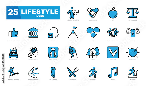 Lifestyle icons collection. Thin line icons set of healthy lifestyle, healthy eating, diet, exercise, relaxing.