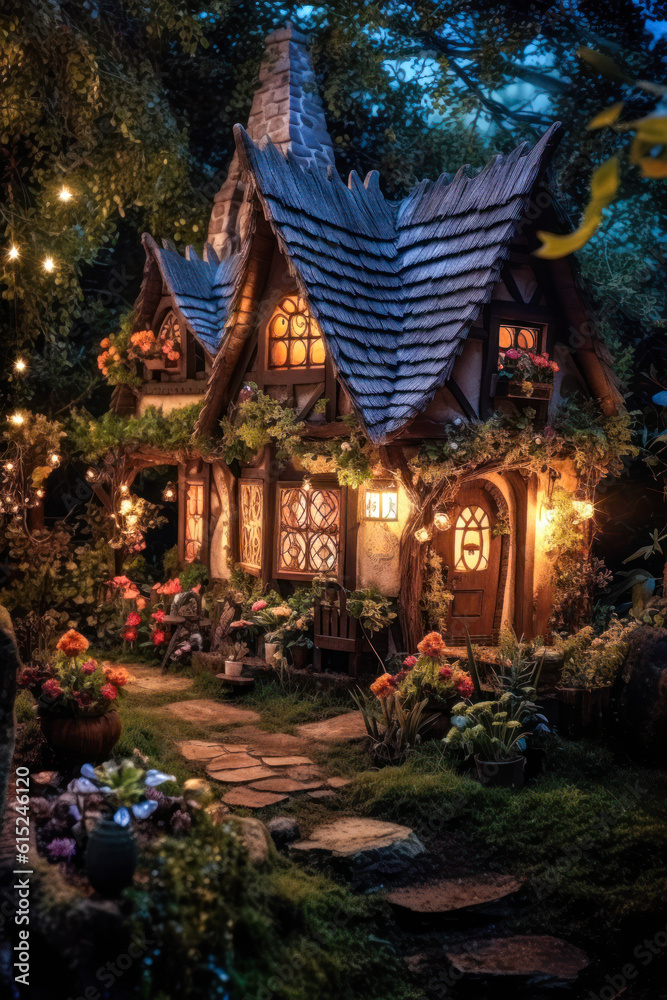 Fototapeta premium Miniature fairy house, night, resin decor, miniature model making, vertical. Generative AI
