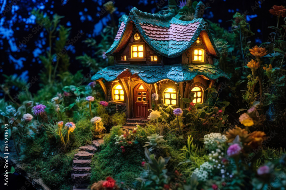 Fototapeta premium Miniature fairy house, night, resin decor, miniature model making. Generative AI