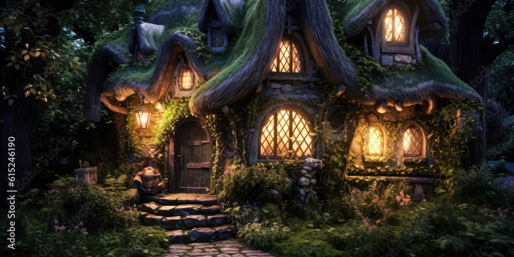 Fototapeta premium Miniature fairy house, night, resin decor, miniature model making, wide. Generative AI