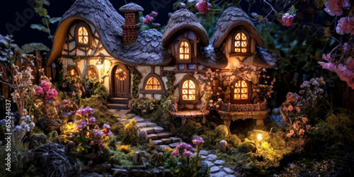 Miniature fairy house, night, resin decor, miniature model making, wide. Generative AI