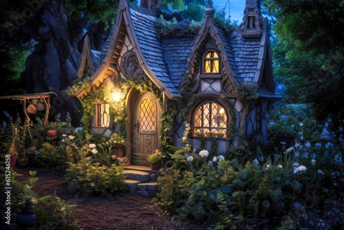Miniature fairy house, night, resin decor, miniature model making. Generative AI © Sunshower Shots