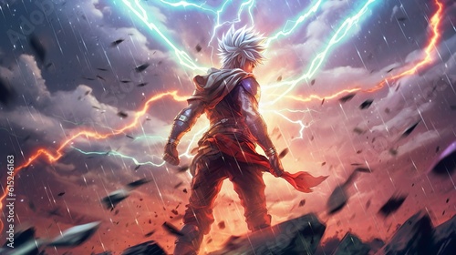 Back of an Anime Character Surrounded by Strom and Lightning. Created with Generative AI © Lia