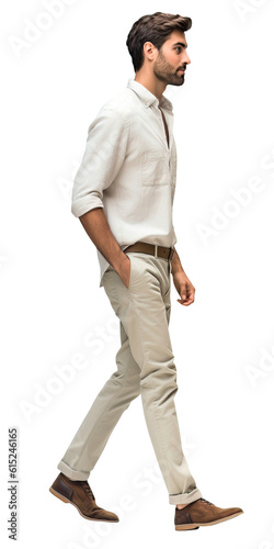 Isolated handsome young man wearing a white shirt and beige chinos trousers, walking, cutout on transparent background, ready for architectural visualisation.
