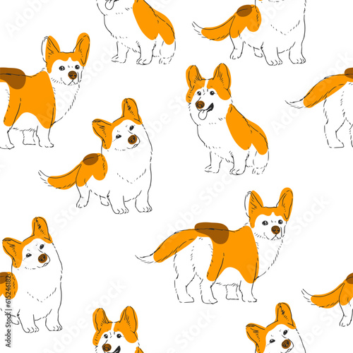 Vector hand-drawn seamless pattern with cute corgi isolated on a white background. Endless texture with spotted dogs in sketch style.