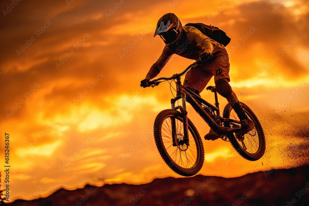 Obraz premium A close - up view of the silhouette of a man on a bike jumping in the golden sunset. Generative AI