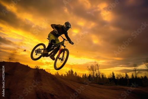A close - up view of the silhouette of a man on a bike jumping in the golden sunset. Generative AI