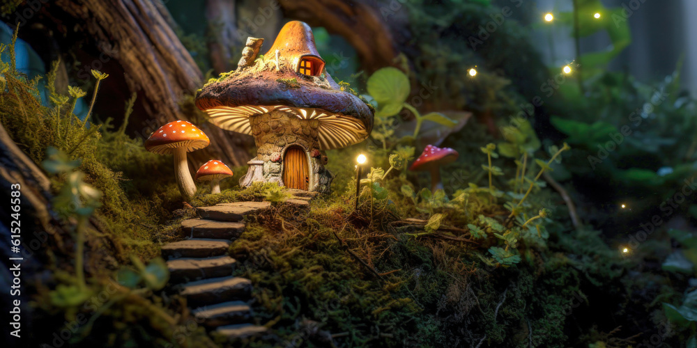 Miniature fairy house, mushtoom design, night, resin decor, miniature model making, wide. Generative AI Miniature fairy house, mushtoom design, night, resin decor, miniature model making, wide. Generative AI