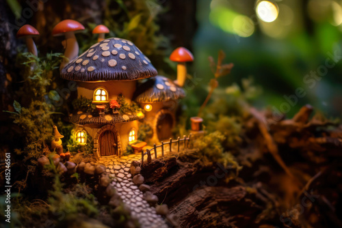 Miniature fairy house, mushtoom design, night, resin decor, miniature model making. Generative AI photo