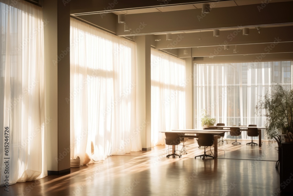 The blurred photo of the white office interior. Generative AI