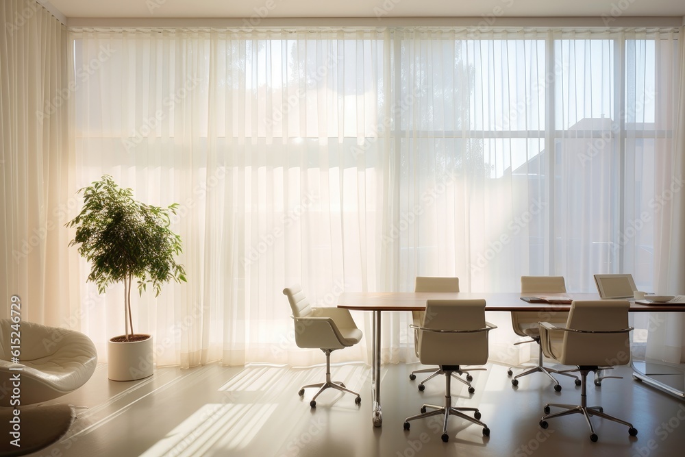The blurred photo of the white office interior. Generative AI