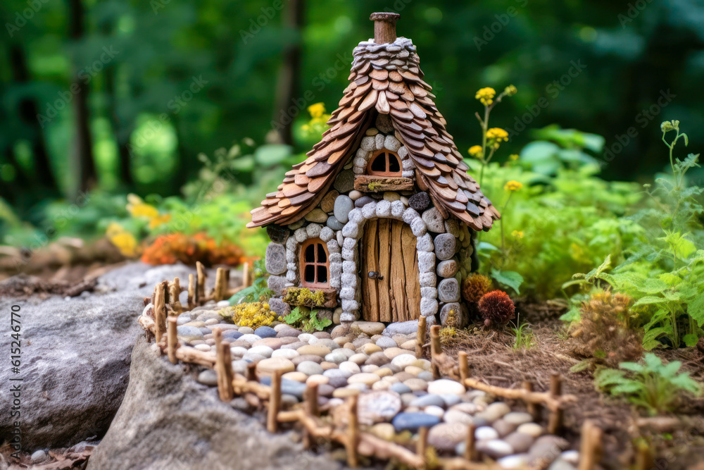 Obraz premium Miniature fairy house, stone, pebbles, resin decor, miniature model making. Generative AI